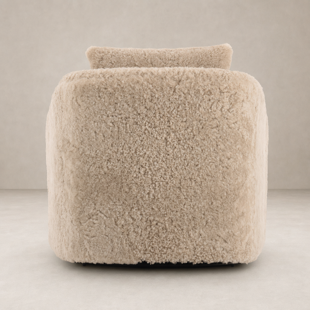 Beige shearling Magnolia Swivel Chair showcasing soft, textured fabric and modern design.