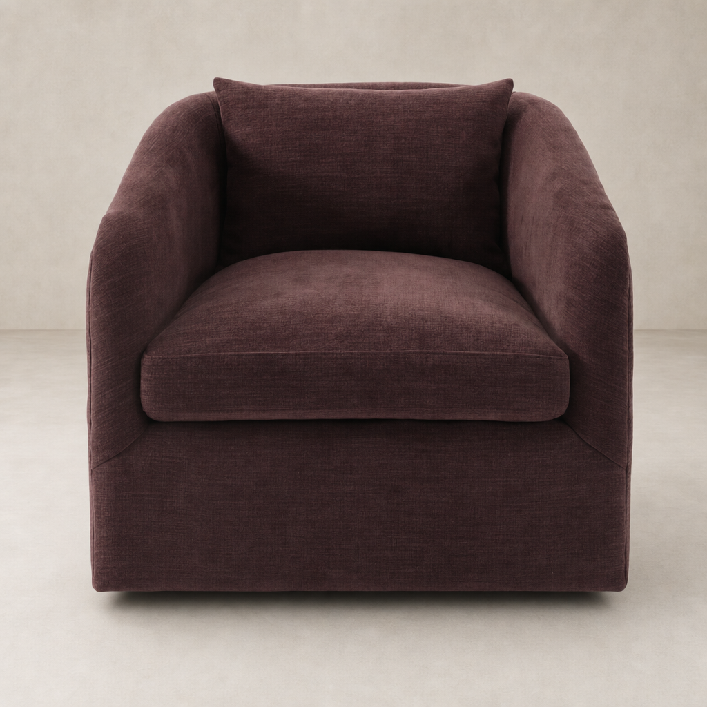Magnolia Swivel Chair in Laughlin Plum with plush fabric and curved, contemporary design.
