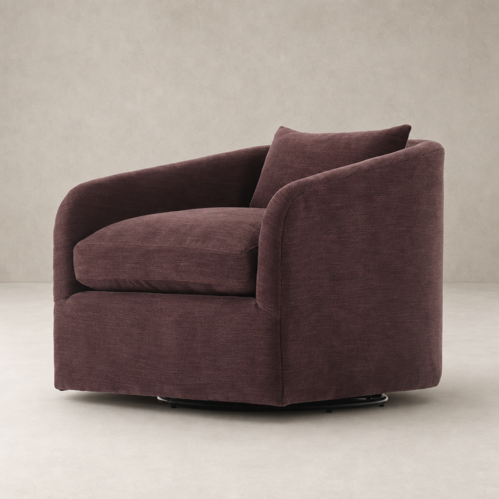Magnolia Swivel Chair in Laughlin Plum with a soft, curved design and plush cushion.