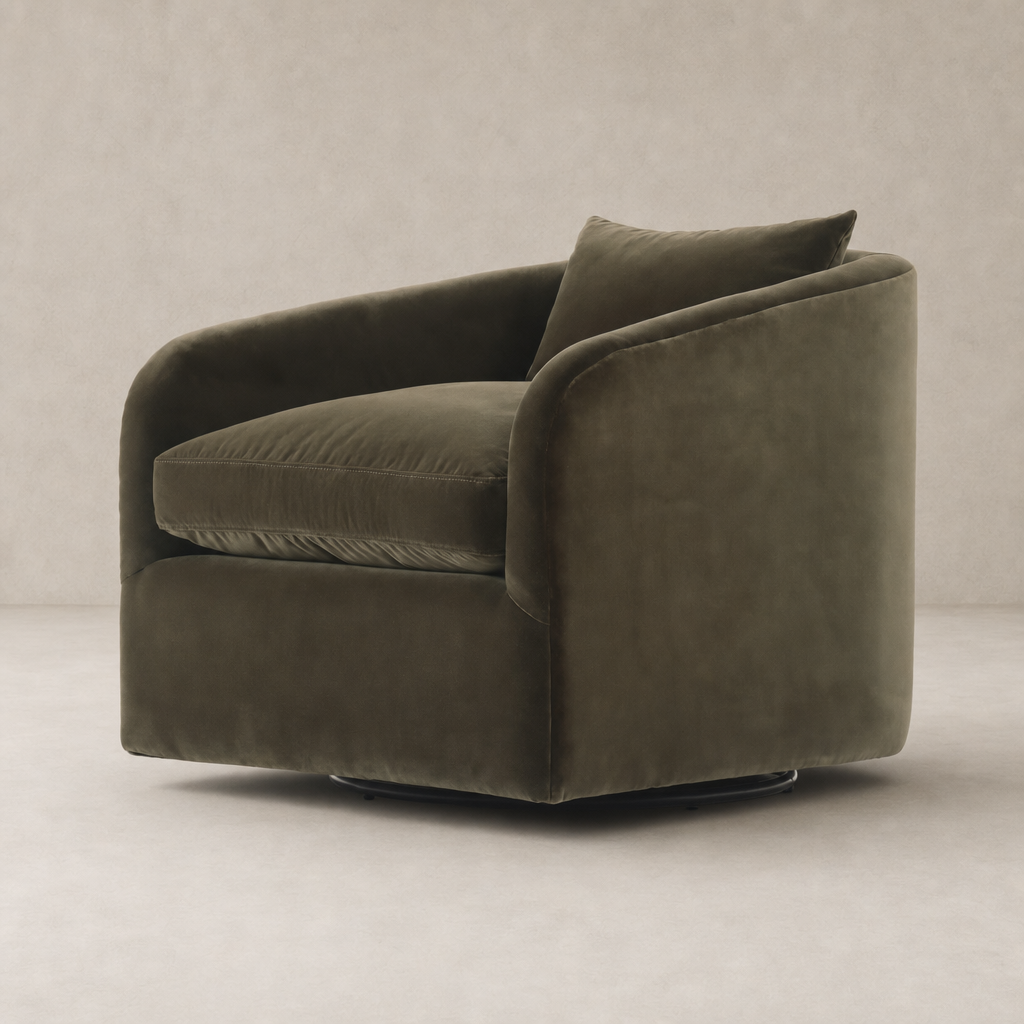Magnolia Swivel Chair in Surrey Olive, featuring a plush velvet finish and modern design.