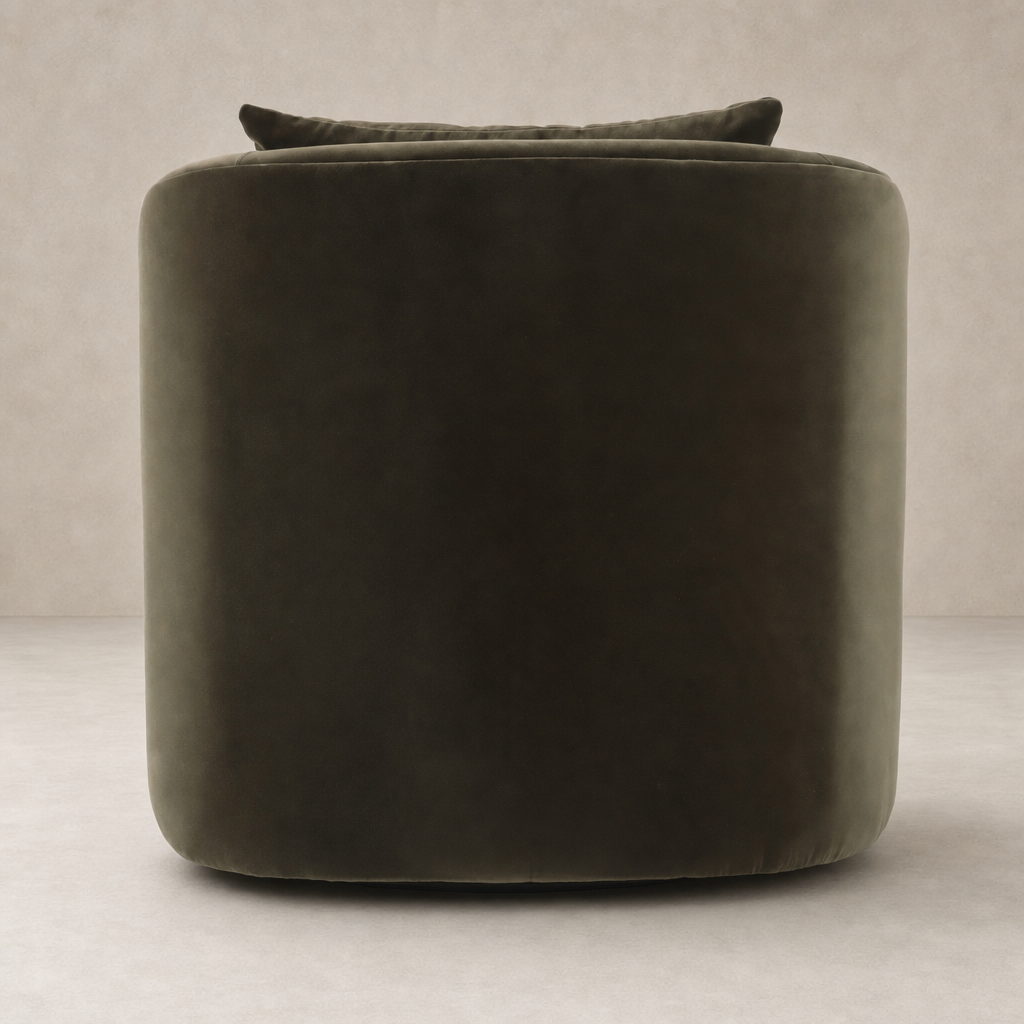 Magnolia Swivel Chair in Surrey Olive, featuring a rounded, plush design with a smooth texture.