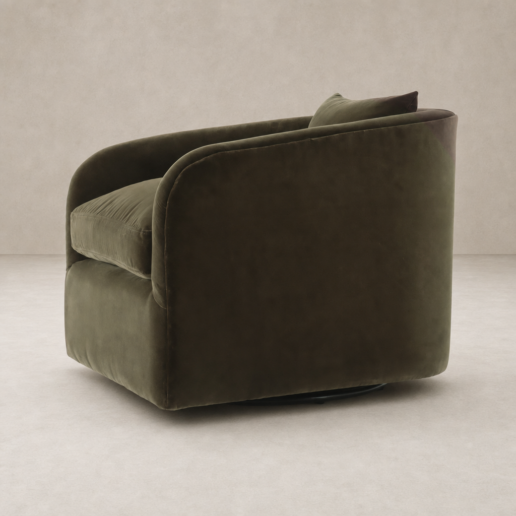 Magnolia Swivel Chair in Surrey Olive, featuring a soft, rounded silhouette and plush cushioning.