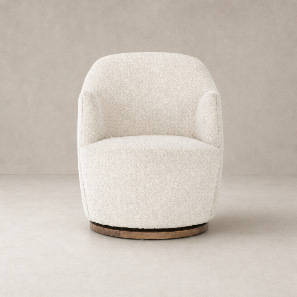 Soliel Swivel Chair in Knoll Natural with plush, rounded design and wooden base.