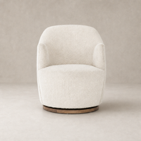 Soliel Swivel Chair in Knoll Natural with plush, rounded design and wooden base.