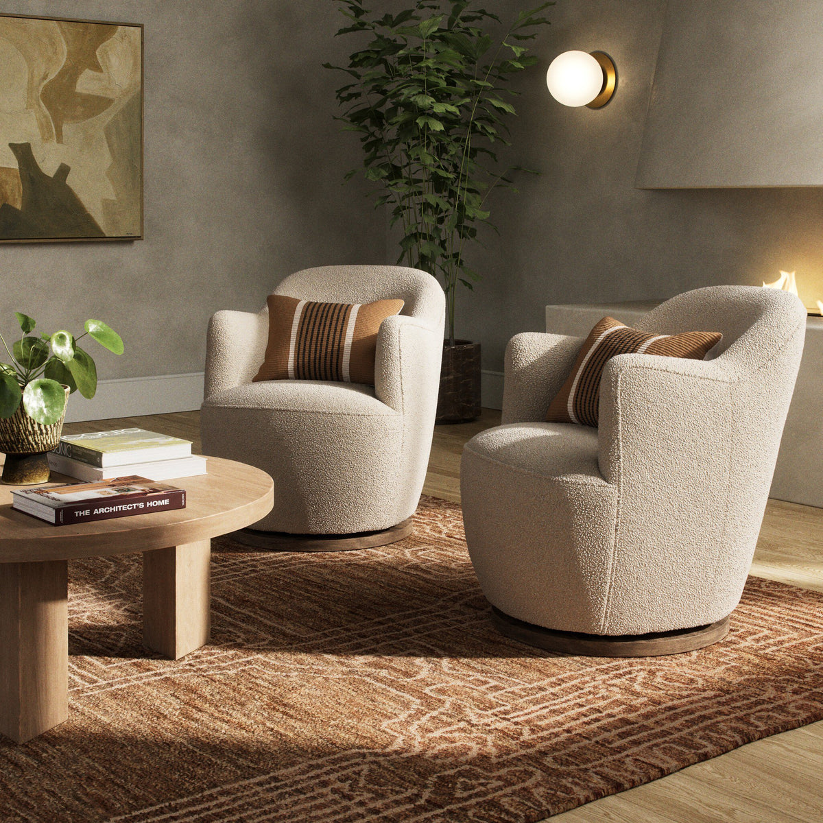 Soliel Swivel Chair in Knoll Natural, featuring a cozy round design and textured upholstery.