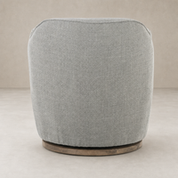 Soliel Swivel Chair in Gibson Silver with a smooth, rounded design and wooden base.