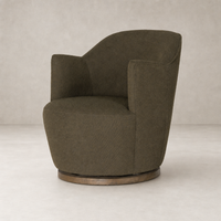 Soliel Swivel Chair in Fiqa Boucle Olive with a rounded design and plush upholstery.