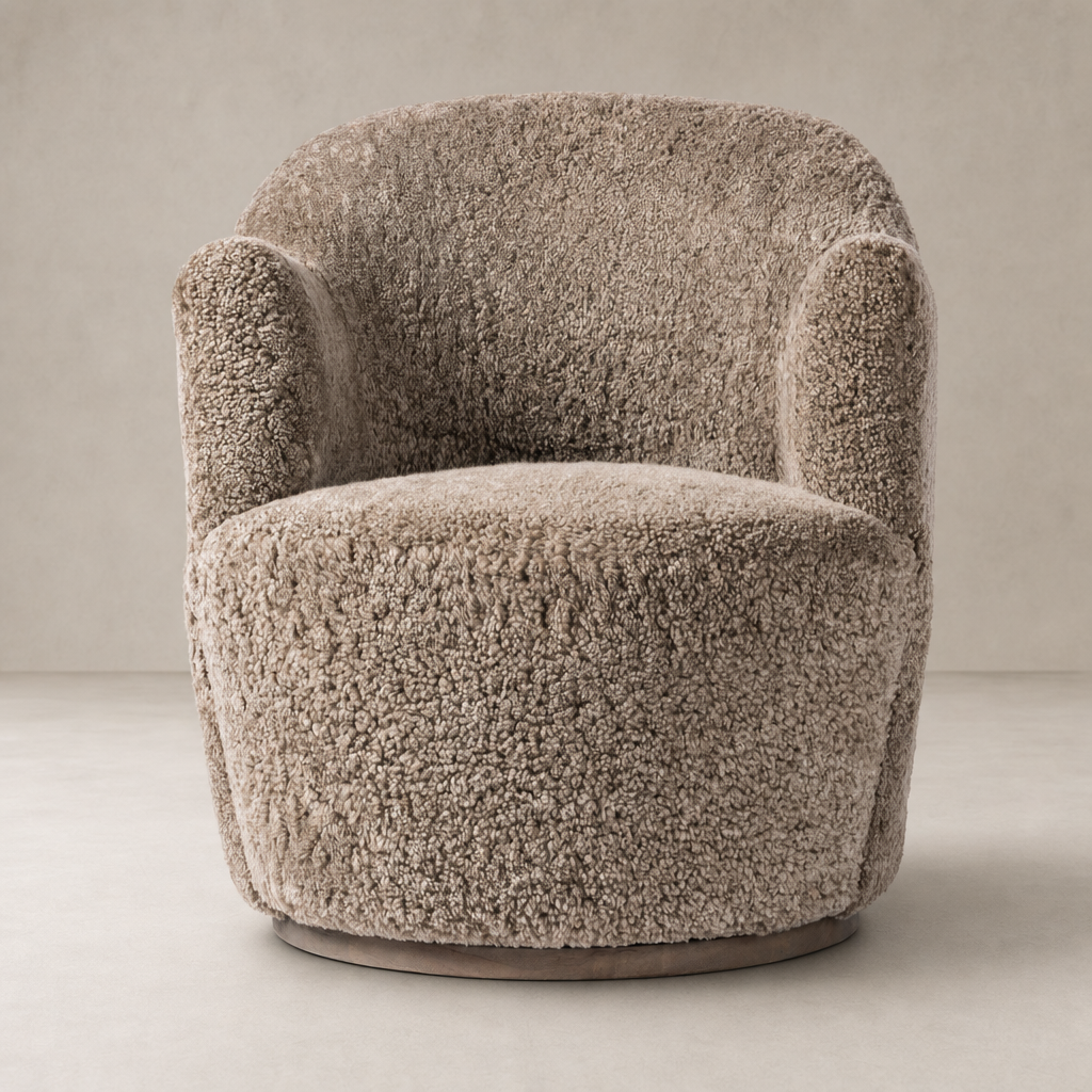 Taupe shearling Soliel swivel chair featuring a rounded back and plush, textured upholstery.