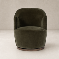 Soliel Swivel Chair in Surrey Olive with plush upholstery and rounded design.