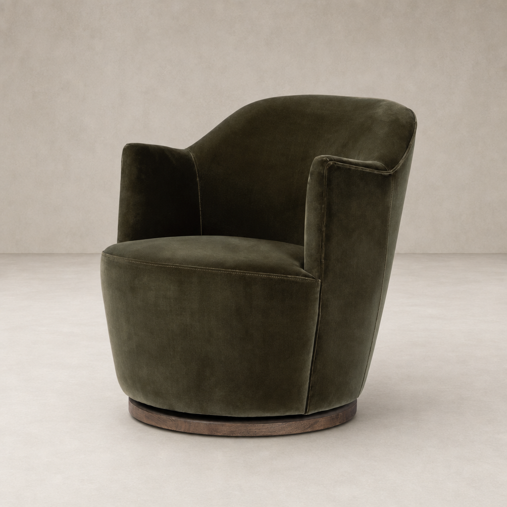 Soliel Swivel Chair in Surrey Olive with a plush, curved design and wooden base.