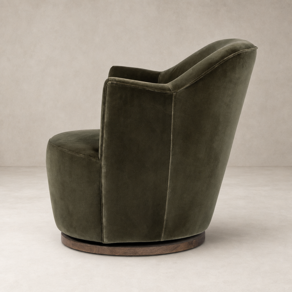 Soliel Swivel Chair in Surrey Olive with plush upholstery and curved silhouette.
