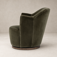 Soliel Swivel Chair in Surrey Olive with plush upholstery and curved silhouette.