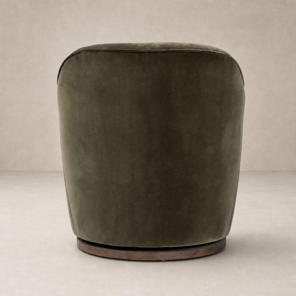 Soliel Swivel Chair in Surrey Olive featuring a sleek, soft velvet finish and rounded shape.