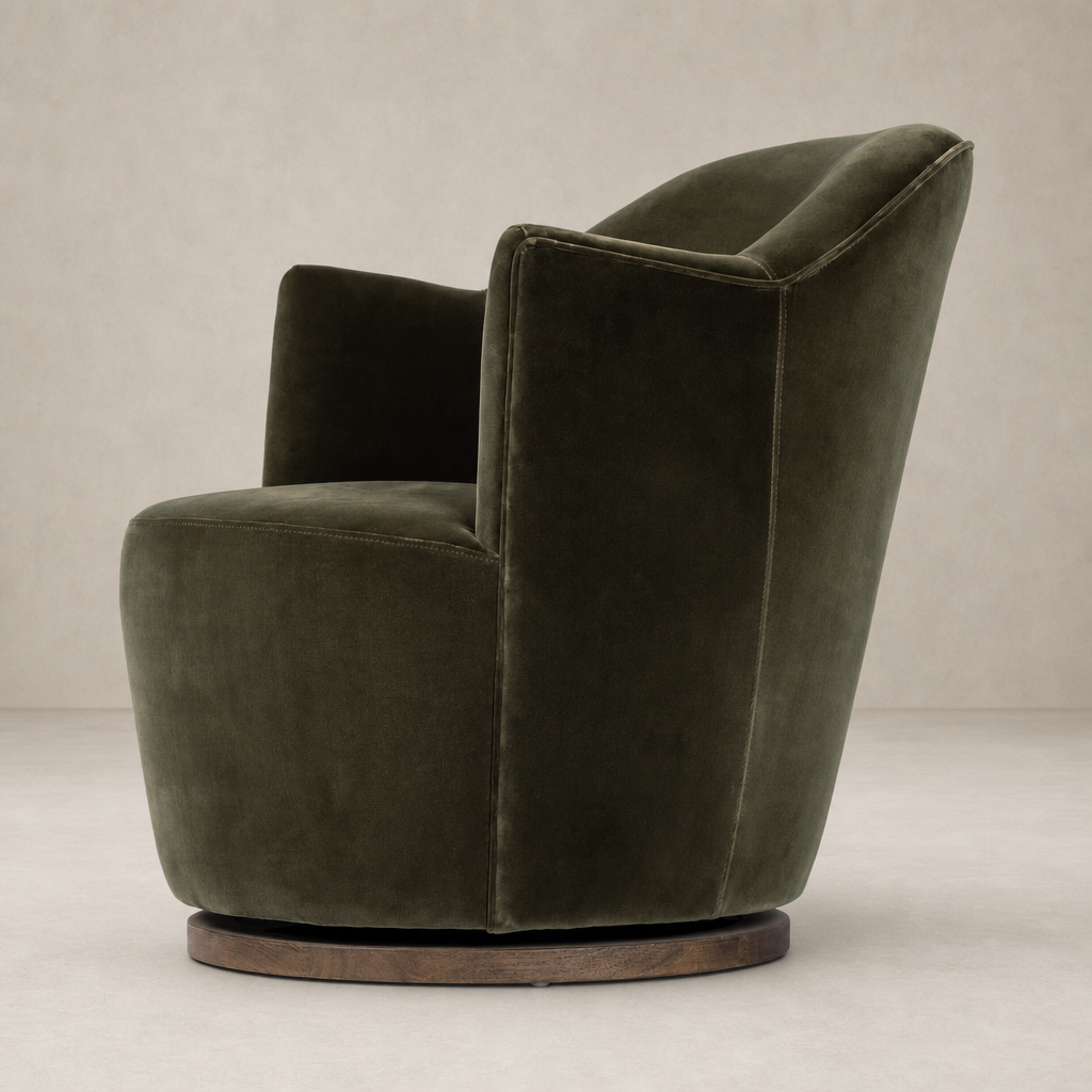 Soliel Swivel Chair in Surrey Olive with plush velvet upholstery and smooth rounded shape.