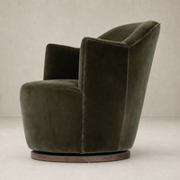 Soliel Swivel Chair in Surrey Olive with plush velvet upholstery and smooth rounded shape.