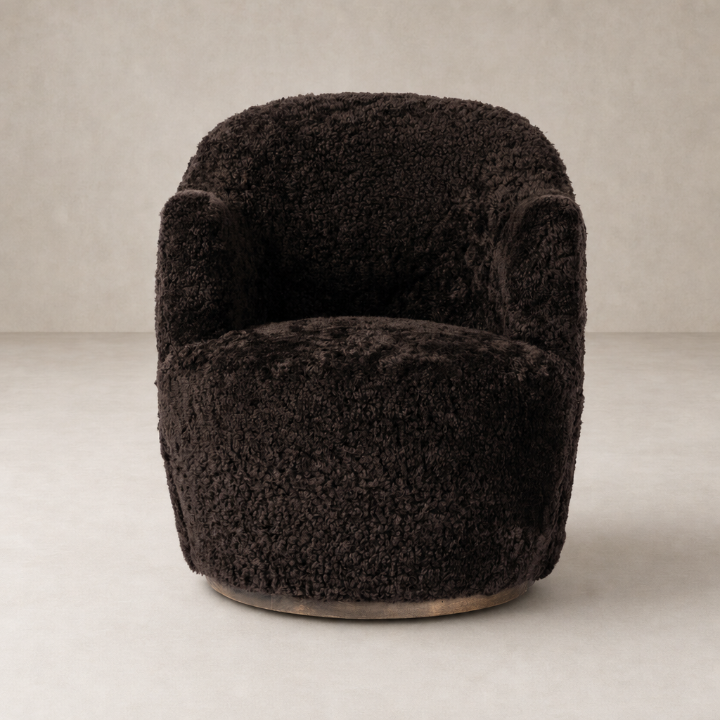 Cocoa shearling Soliel Swivel Chair with plush texture and rounded design.