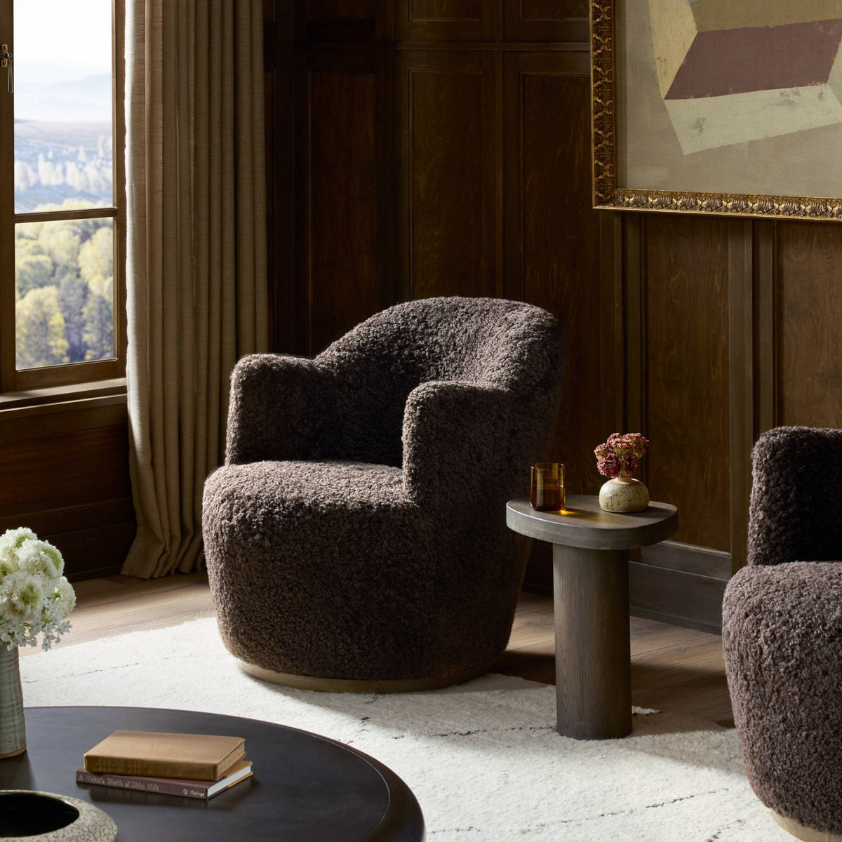 Cocoa shearling Soliel swivel chair in a cozy, modern living room setting.