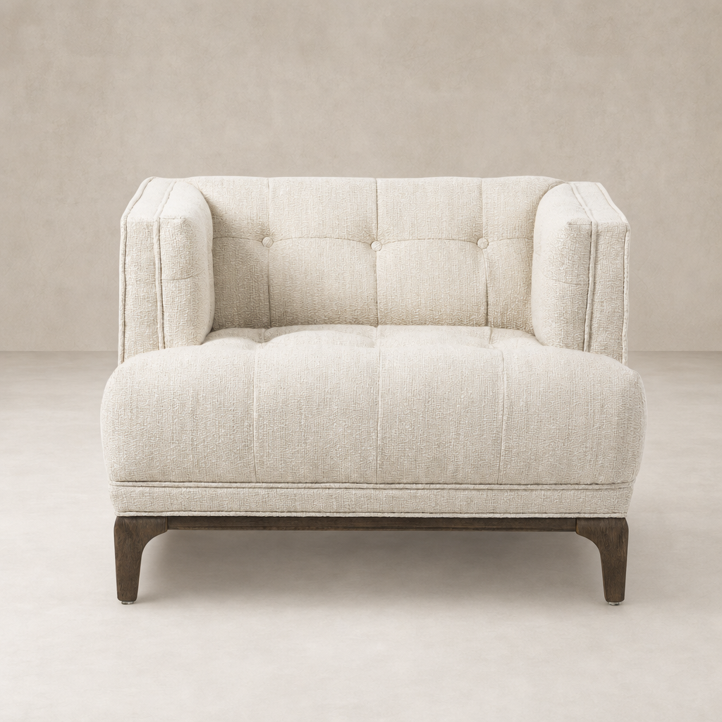 Murano Chair in Kerbey Taupe with tufted upholstery and wooden legs.