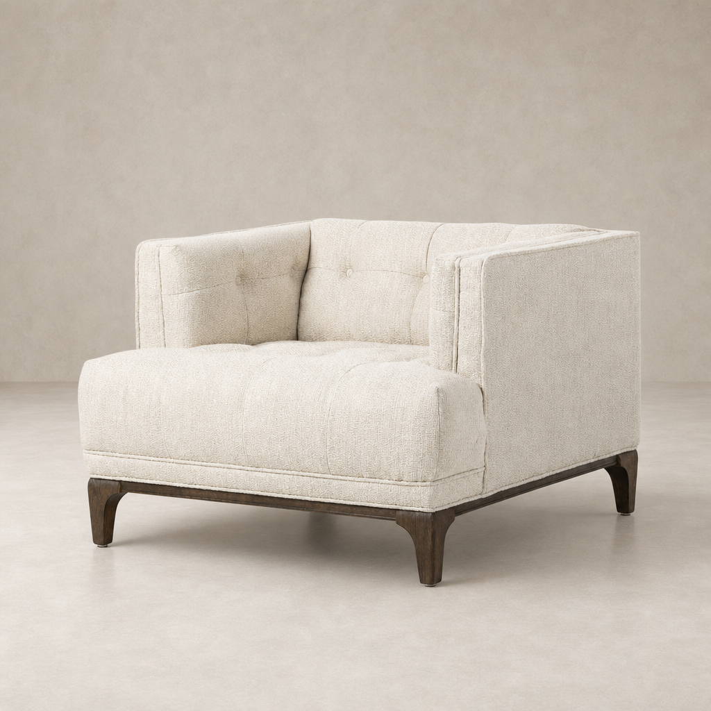 Murano Chair in Kerbey Taupe featuring tufted cushions and sleek wooden legs.