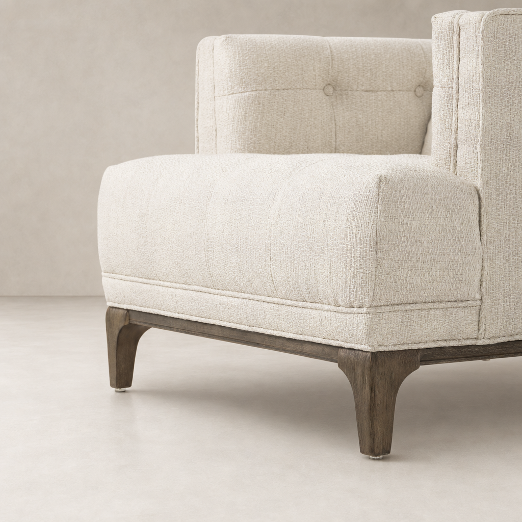 Murano Chair in Kerbey Taupe featuring a textured fabric and wooden legs.