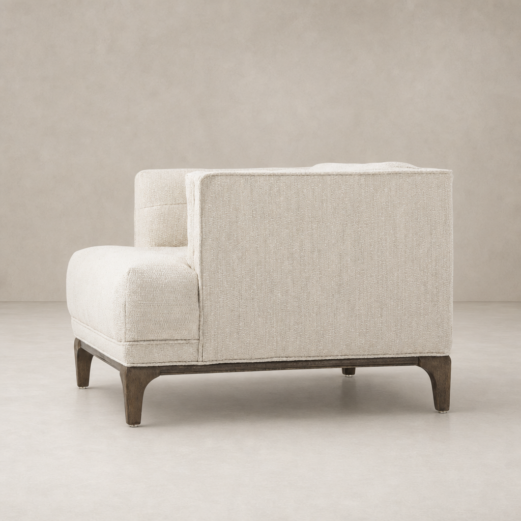 Murano Chair in Kerbey Taupe with a sleek design and wooden legs.