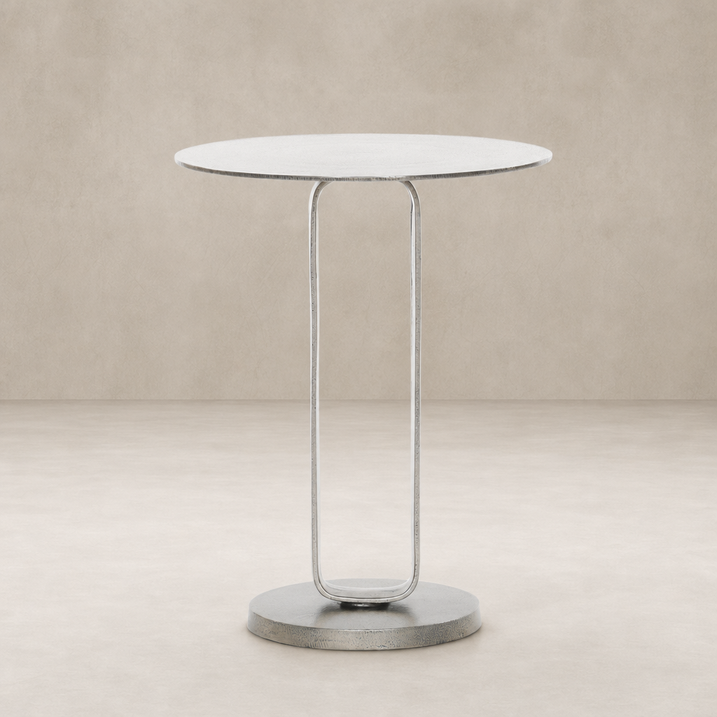 Rowan End Table features a sleek round top and a modern metal base.