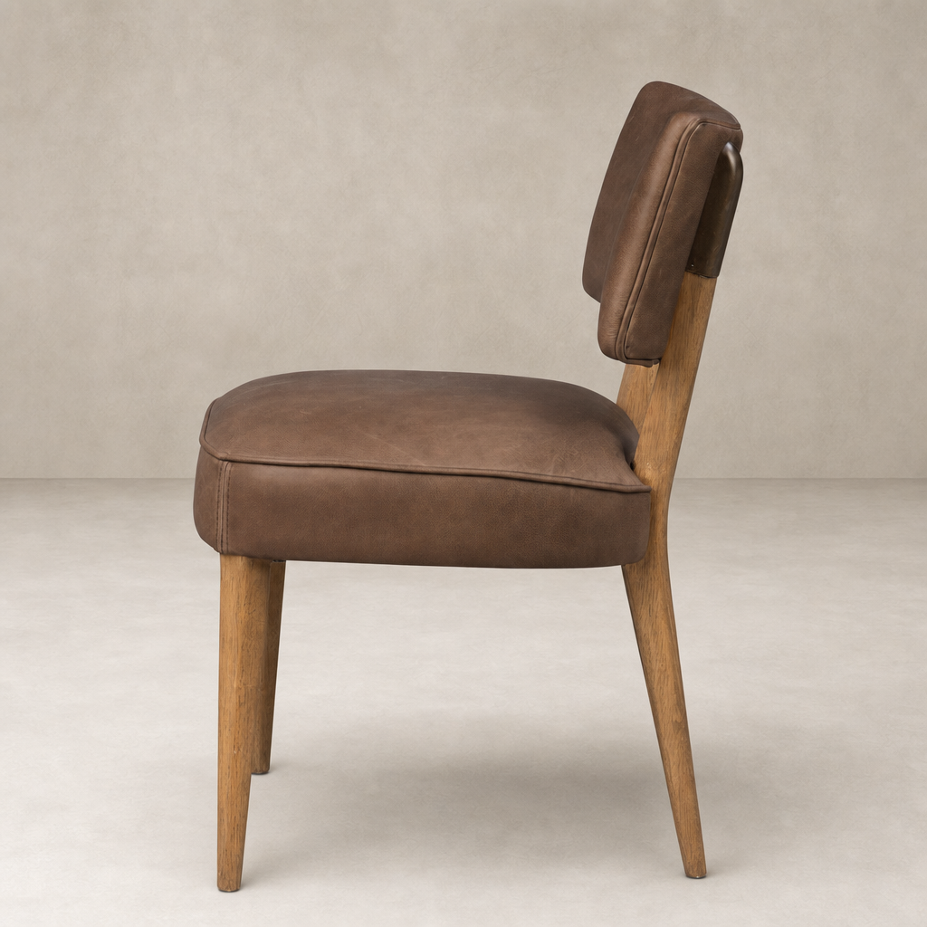 Orson Dining Chair in Palermo Cigar with tapered wooden legs and cushioned backrest.