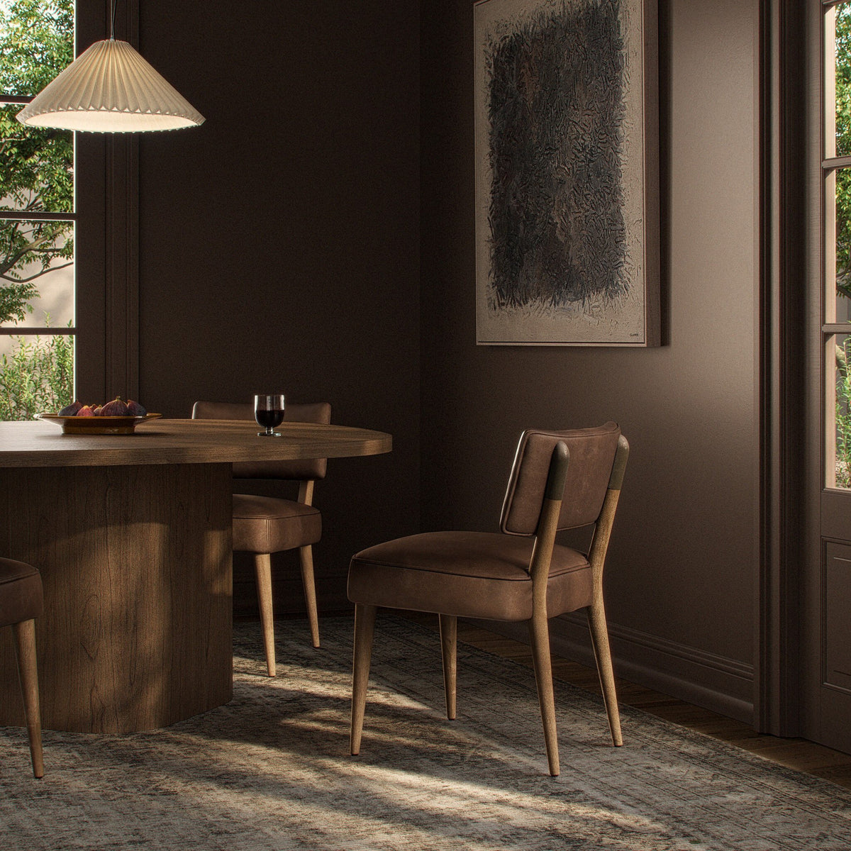 Orson Dining Chair in Palermo Cigar color, featuring a sleek design in a cozy dining setting.