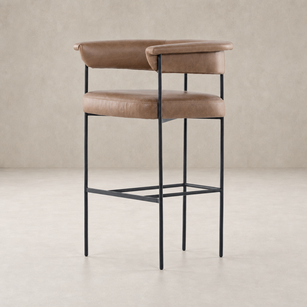 Banyan Bar + Counter Stool in Chaps Saddle features sleek design and minimalist metal legs.