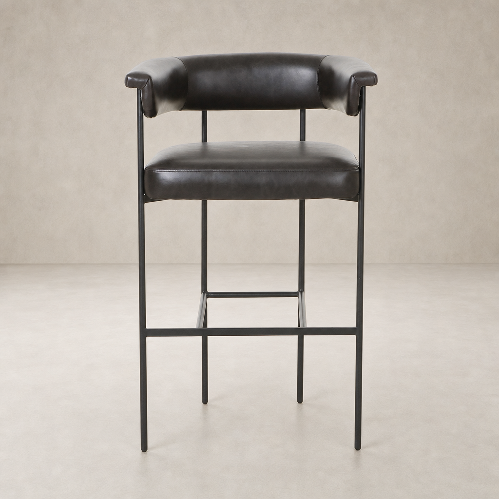 Banyan Bar + Counter Stool in Sonoma Black with sleek curves and minimalist metal frame.