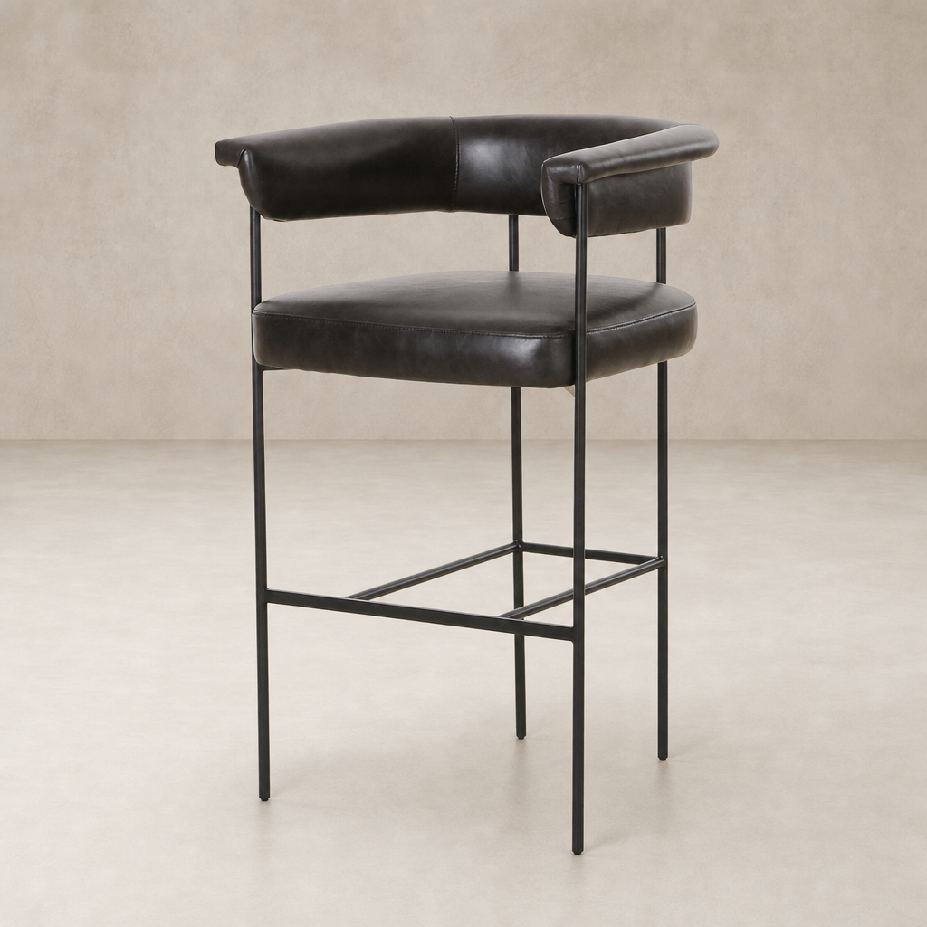 Banyan Bar + Counter Stool in Sonoma Black with sleek lines and padded arms.