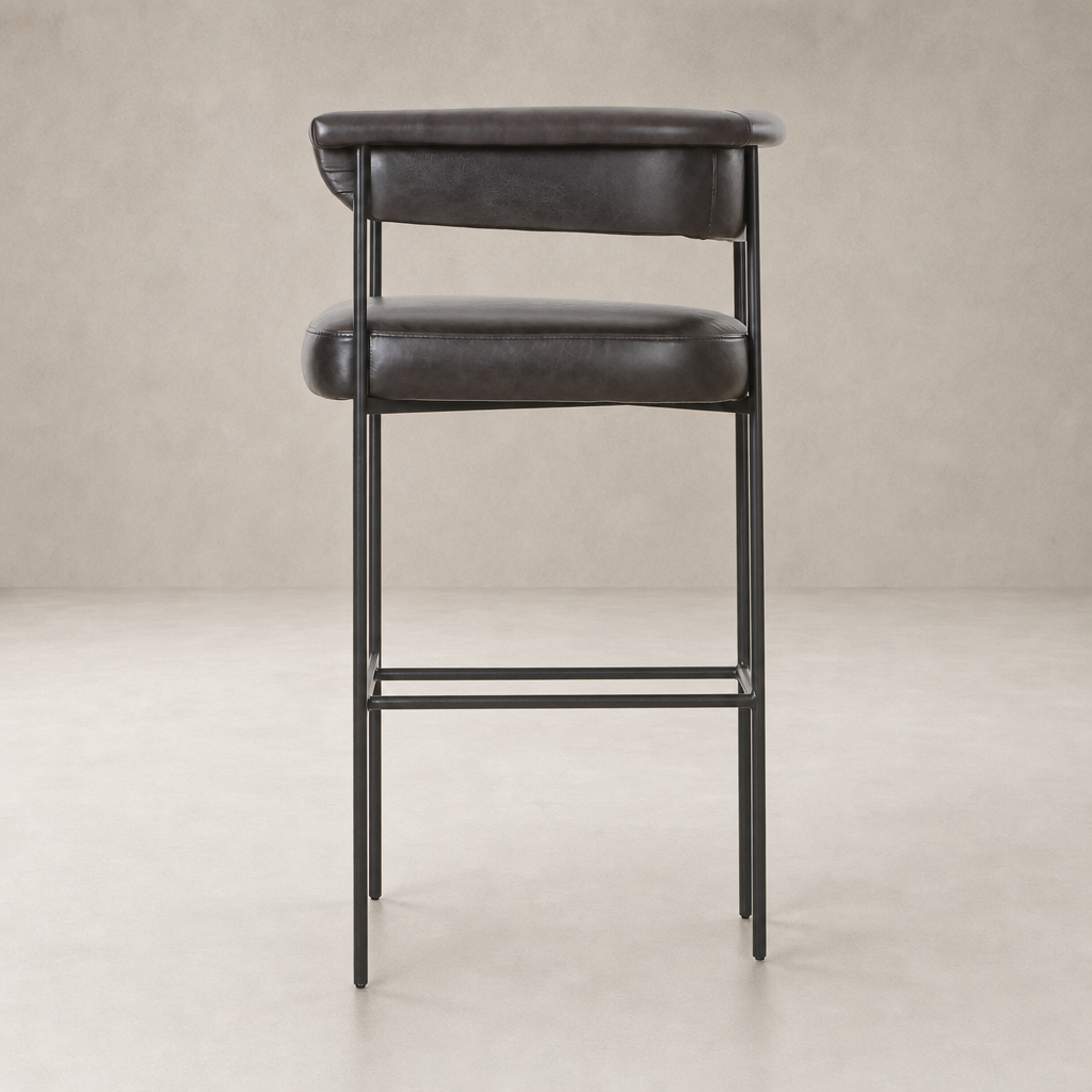 Banyan Bar + Counter Stool in Sonoma Black with sleek metal frame and padded backrest.