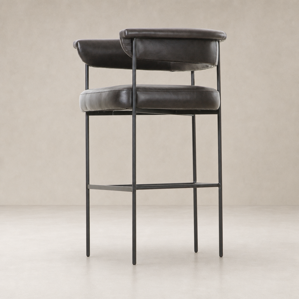 Sleek Banyan Bar + Counter Stool in Sonoma Black with minimalist metal legs.
