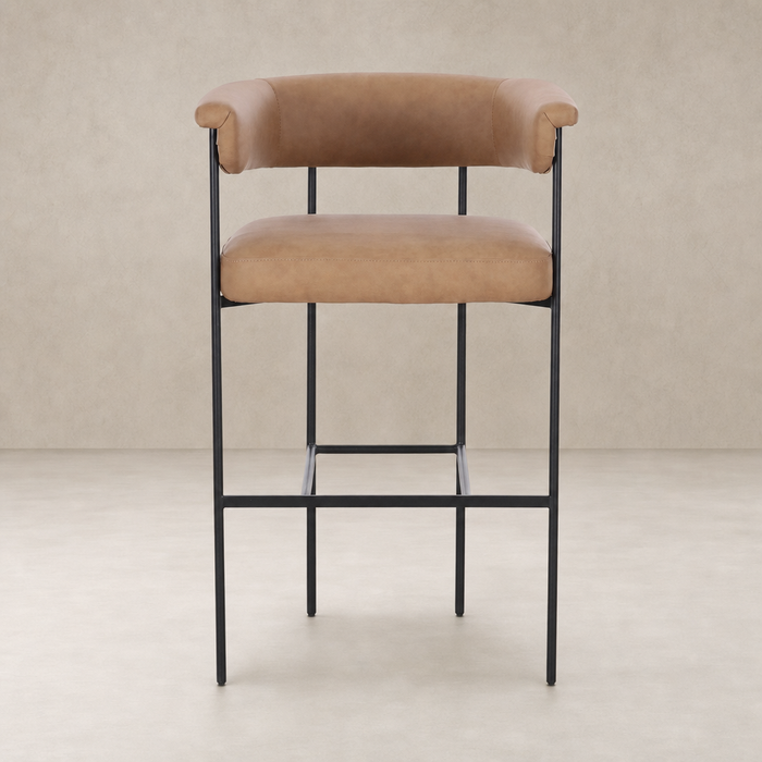 Banyan Bar + Counter Stool in Maestro Camel with sleek metal frame and plush seat.