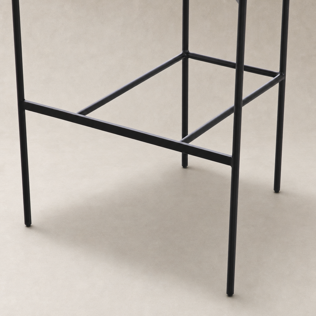 Banyan Bar + Counter Stool in Maestro Camel with sleek black metal legs.
