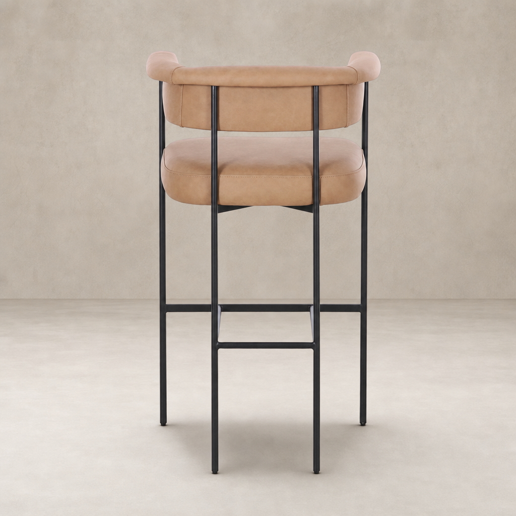 Banyan Bar + Counter Stool in Maestro Camel with sleek black metal legs and soft upholstery.