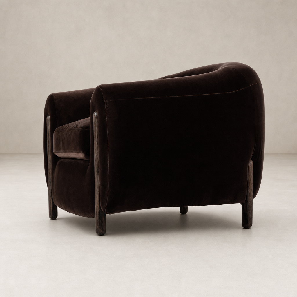 Clover Chair in Surrey Cocoa with plush velvet upholstery and curved silhouette.