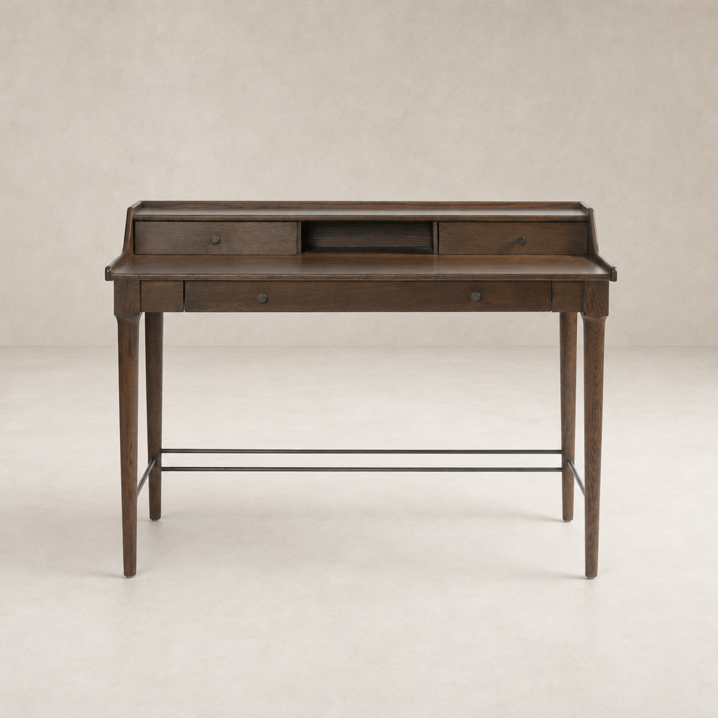 Quince Desk in Dark Toasted Oak with sleek lines and functional drawers.