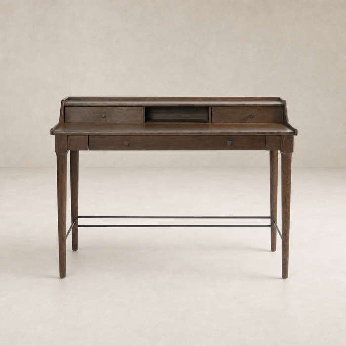 Quince Desk in Dark Toasted Oak with sleek lines and functional drawers.