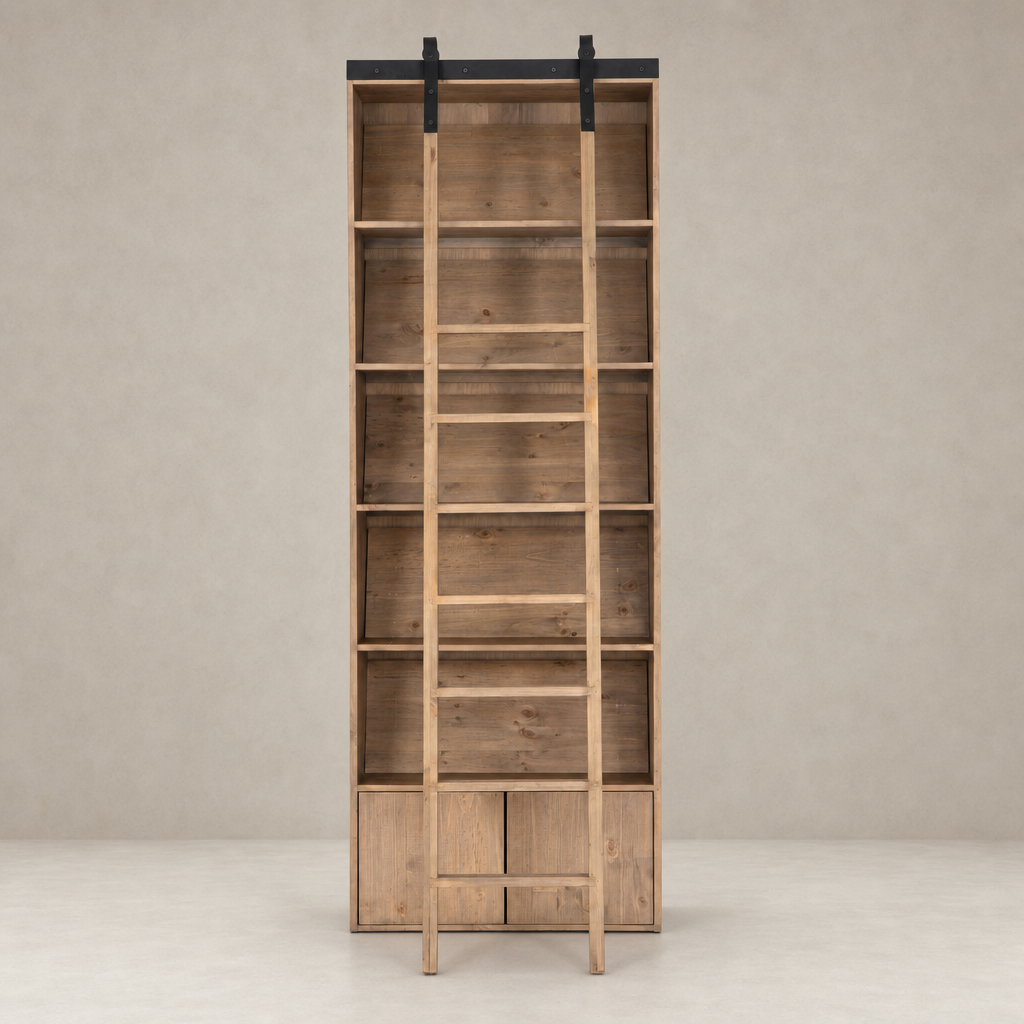 Tahoe Bookshelf in Smoked Pine featuring a classic design with a sliding ladder and spacious shelves.