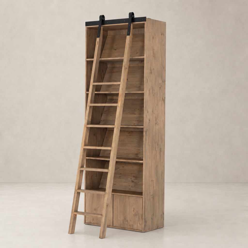 Tahoe Bookshelf in smoked pine with a stylish ladder and open shelves.