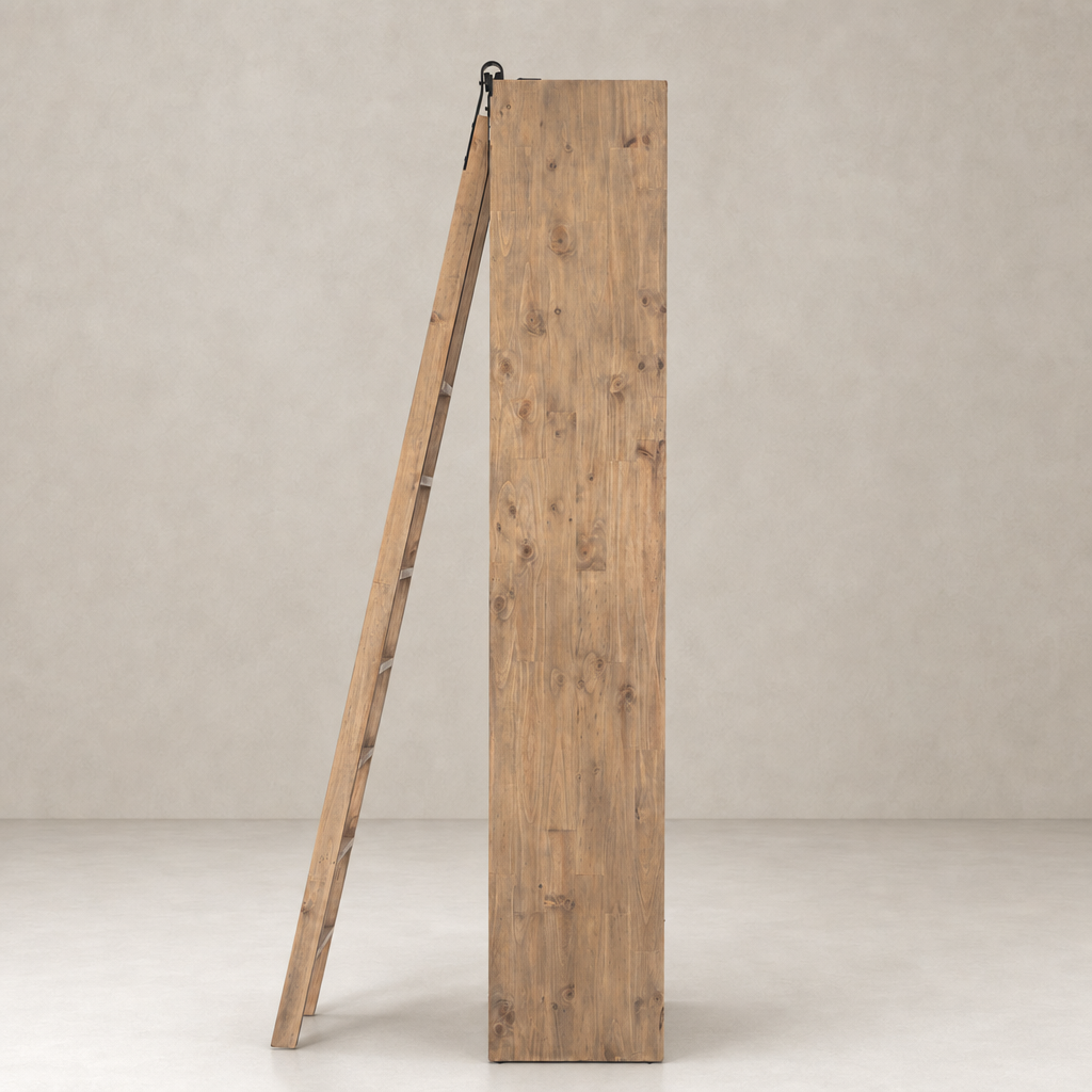 Tahoe Bookshelf in smoked pine with a sleek, tall design and ladder feature.