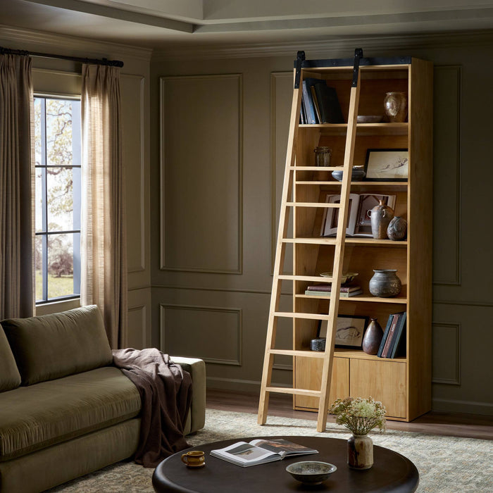 Tahoe Bookshelf in Smoked Pine with a ladder, featuring open shelves and wooden finish.