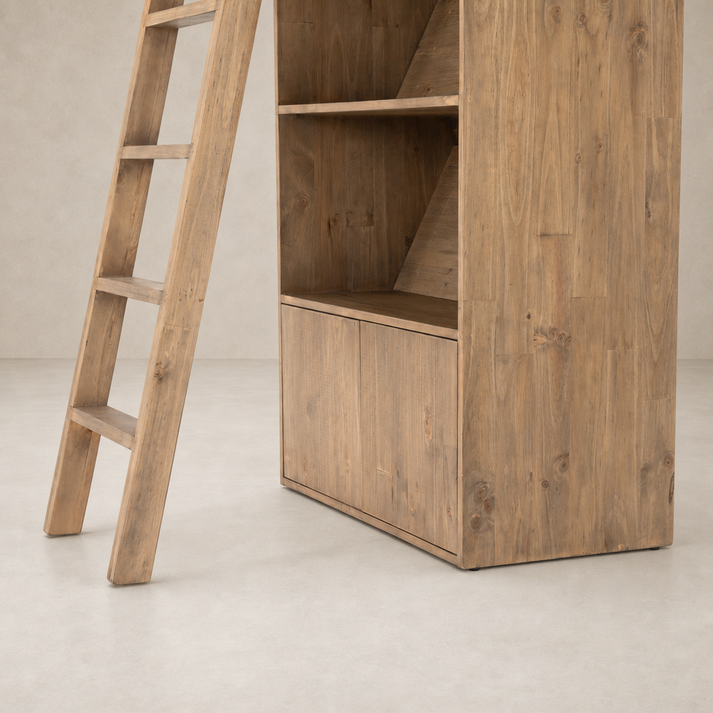 Tahoe Bookshelf in smoked pine with a rustic finish and ladder detail.