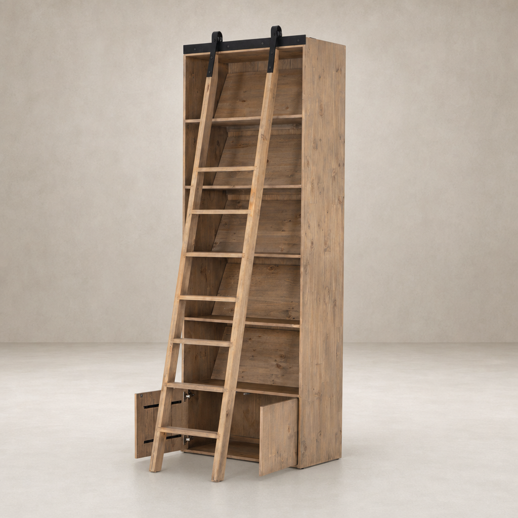 Tall Tahoe Bookshelf in Smoked Pine with a sliding ladder and two storage drawers.