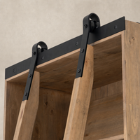Detailed view of Tahoe Bookshelf's metal bracket and smoked pine finish.
