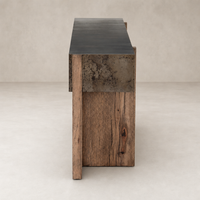 Rustic Oak Beckett Console Table with unique metal accents and textured wooden legs.