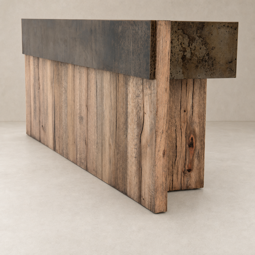 Rustic Oak Beckett Console Table featuring a sleek top and textured wooden base.
