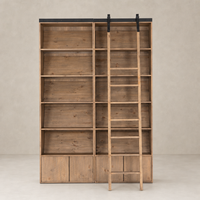 Tahoe Bookshelf in smoked pine featuring spacious shelves and sliding ladder for easy access.