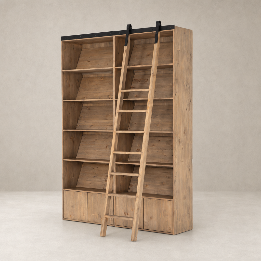 Tahoe Bookshelf in smoked pine features open shelves and a stylish sliding ladder.